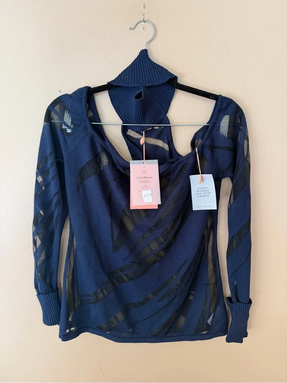 Cult Gaia Tracie knit top sheer navy off shoulder print $350 sz L